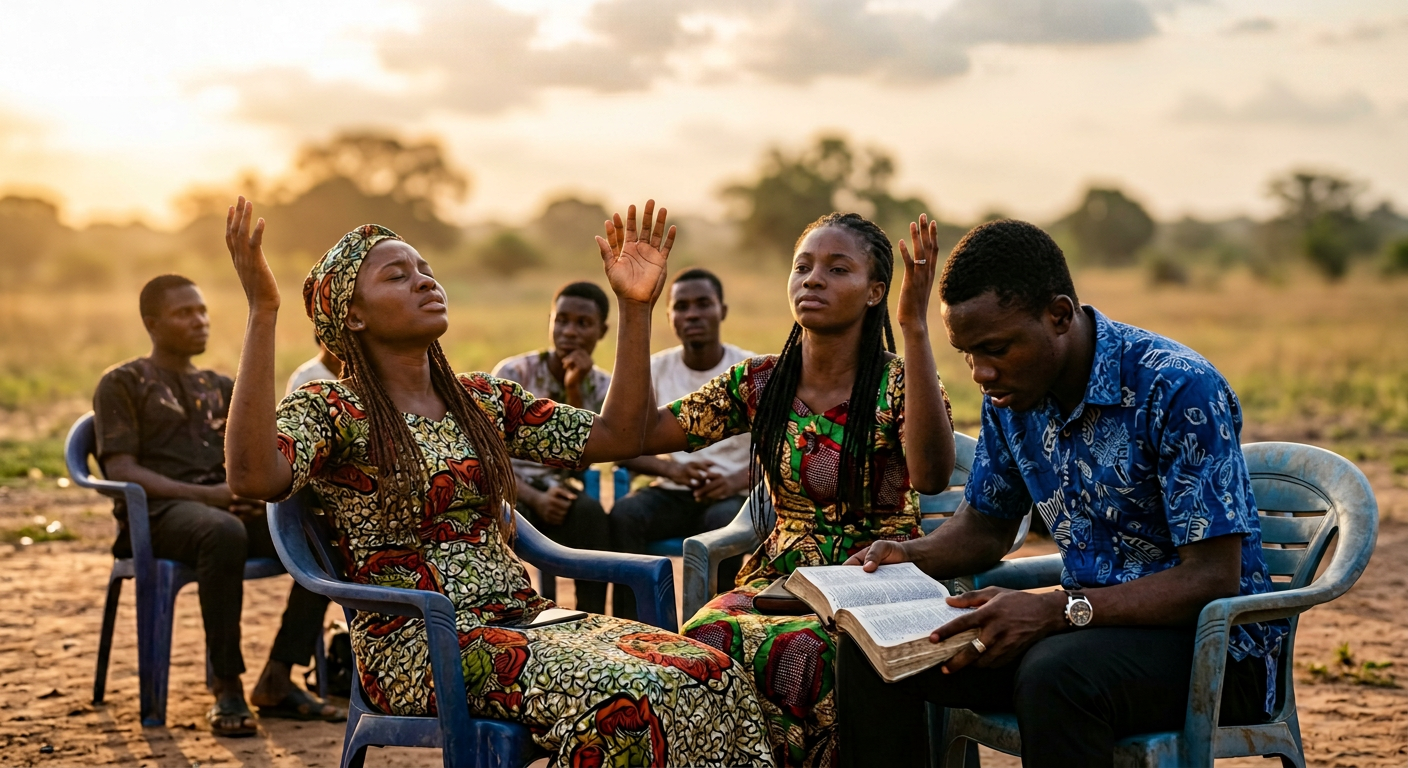 A group of believers seated outdoors with raised hands and open Bibles in worship
